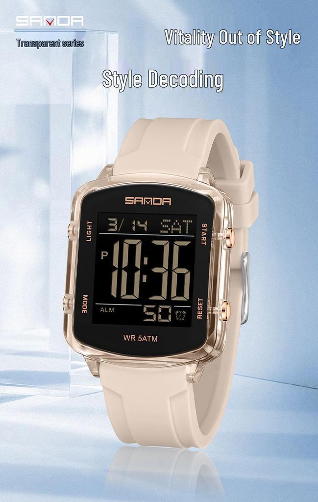Sanda Dual Time Waterproof Transparent Sports Wristwatch with Colorful Single Display and Student Timer Function
