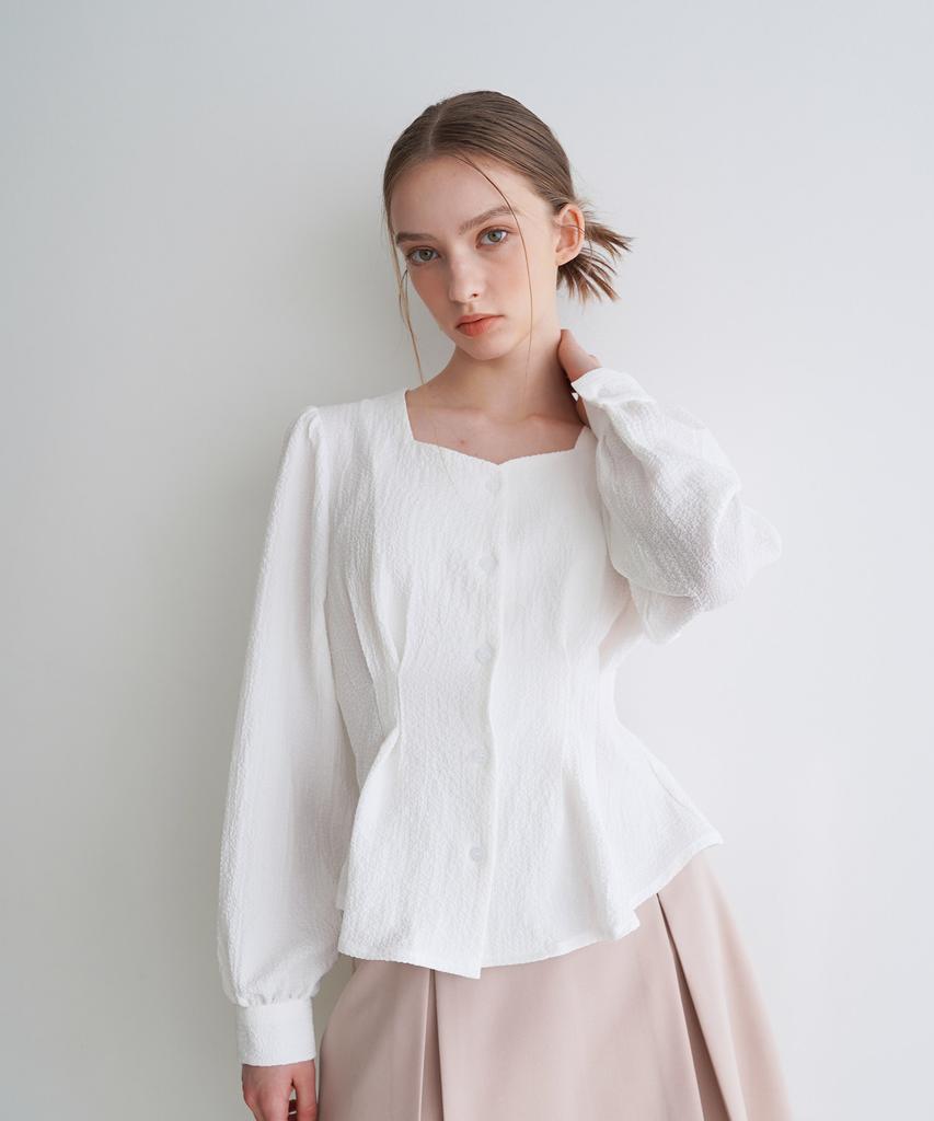 BIBYSEOB Tuck Heart Neck Blouse White [T31]