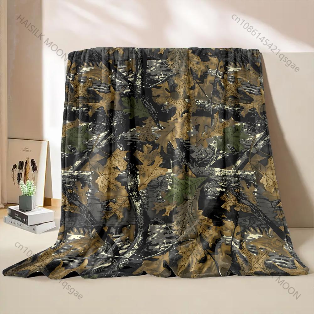 Realistic Camo with Leaves. Pattern Blanket Flannel Material Soft Warm for All Seasons, Home Outdoor Camping Picnics RV Gifts