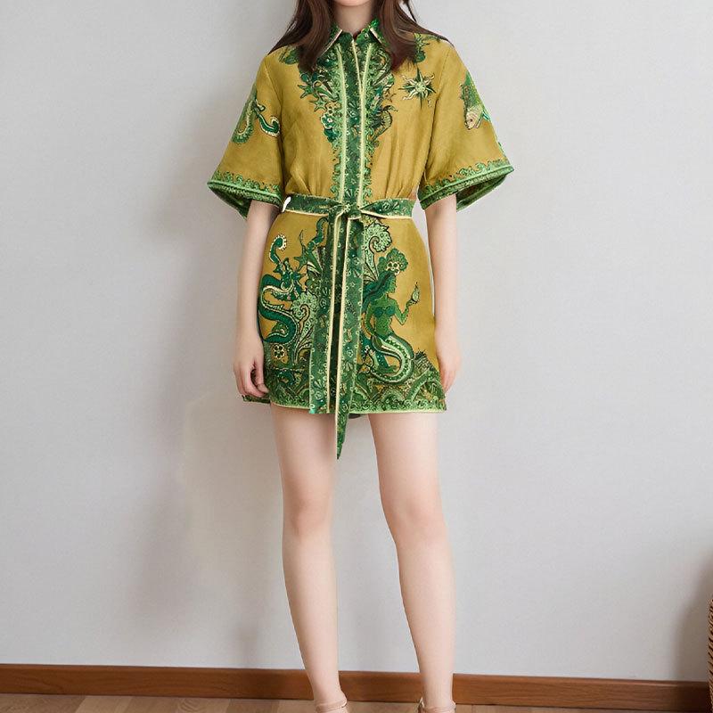 European and American Women's Clothing, New Spring Models, Fashionable Flower-printed Lapel-neck Lace-up Short Dress Dress