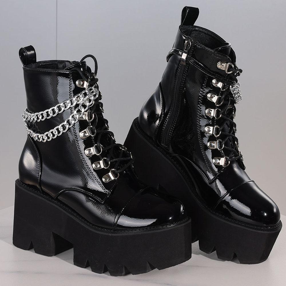 

Women s Gothic Ankle Boots Thick Bottom Platform Metal Chain Decor Punk Chunky High Heeled Motorcycle Short Boots Fashion Stylis 43