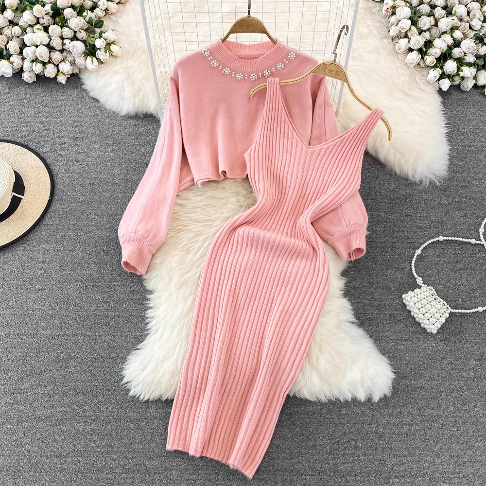 Celebrity Temperament Round Neck Beaded High Waist Short Belly Button Sweater Two-piece Set Spice Girl Knitted Vest Dress