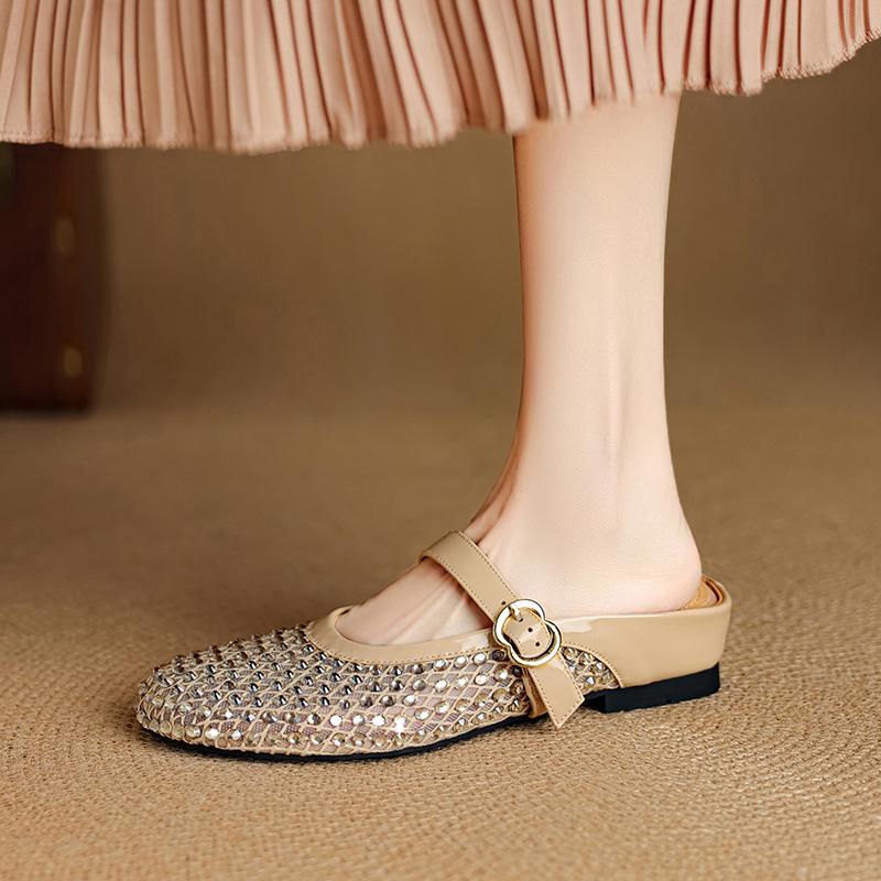 Fashion 2025 New Summer Slippers Sheepskin Shoes for Women Fashion Hollow Out Mules Round Toe Med Heels Cover Toe Slippers Sandals