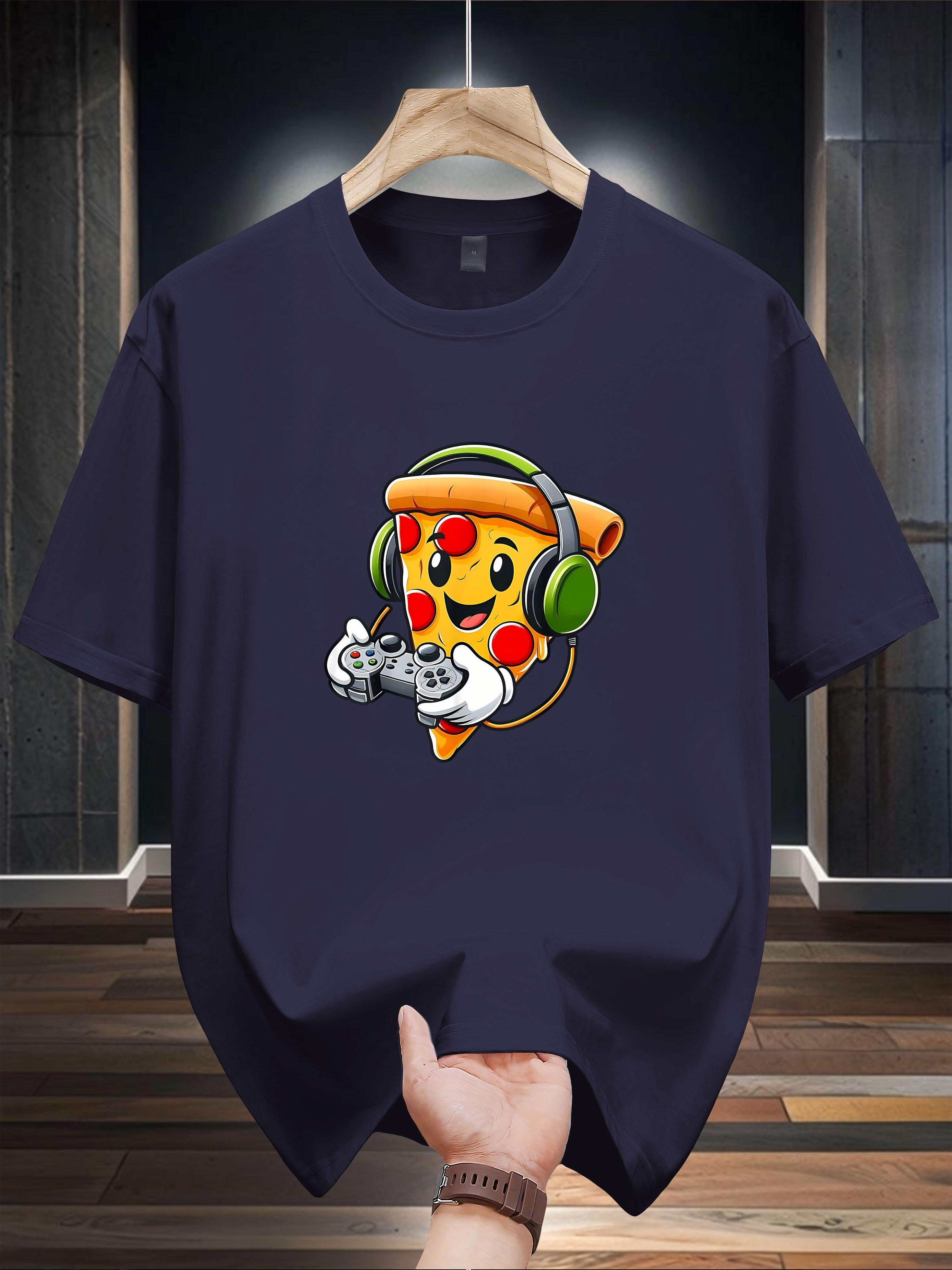 Niuwang SelectionT-shirt - Black Casual Graphic Tee with Playful Pizza Slice Character & Gaming Controllers XXXL