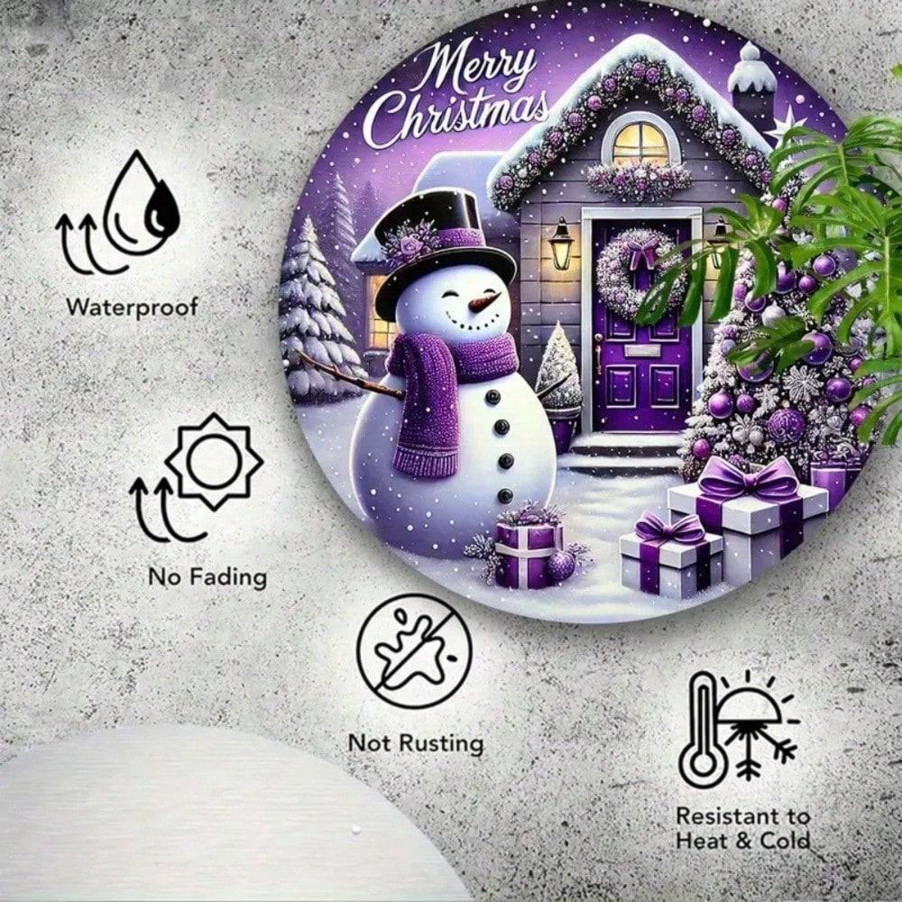 Vintage Purple Snowman Christmas Metal Sign 7.8 Inch Round for Wall Decor Farmhouse Home Bar Cafe Garden Outdoor Indoor