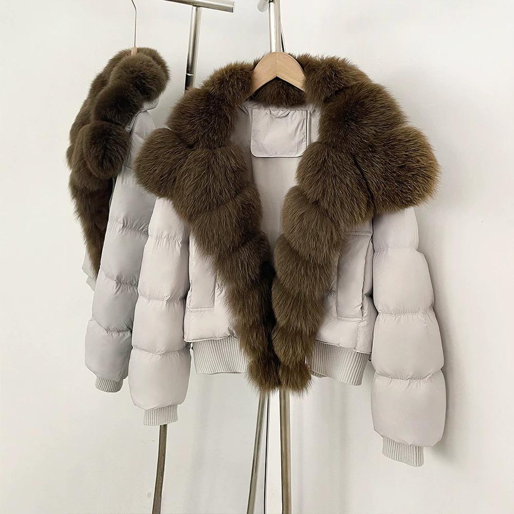 Pinghu duck down warm down jacket women's removable natural real fox fur collar jacket daily versatile top