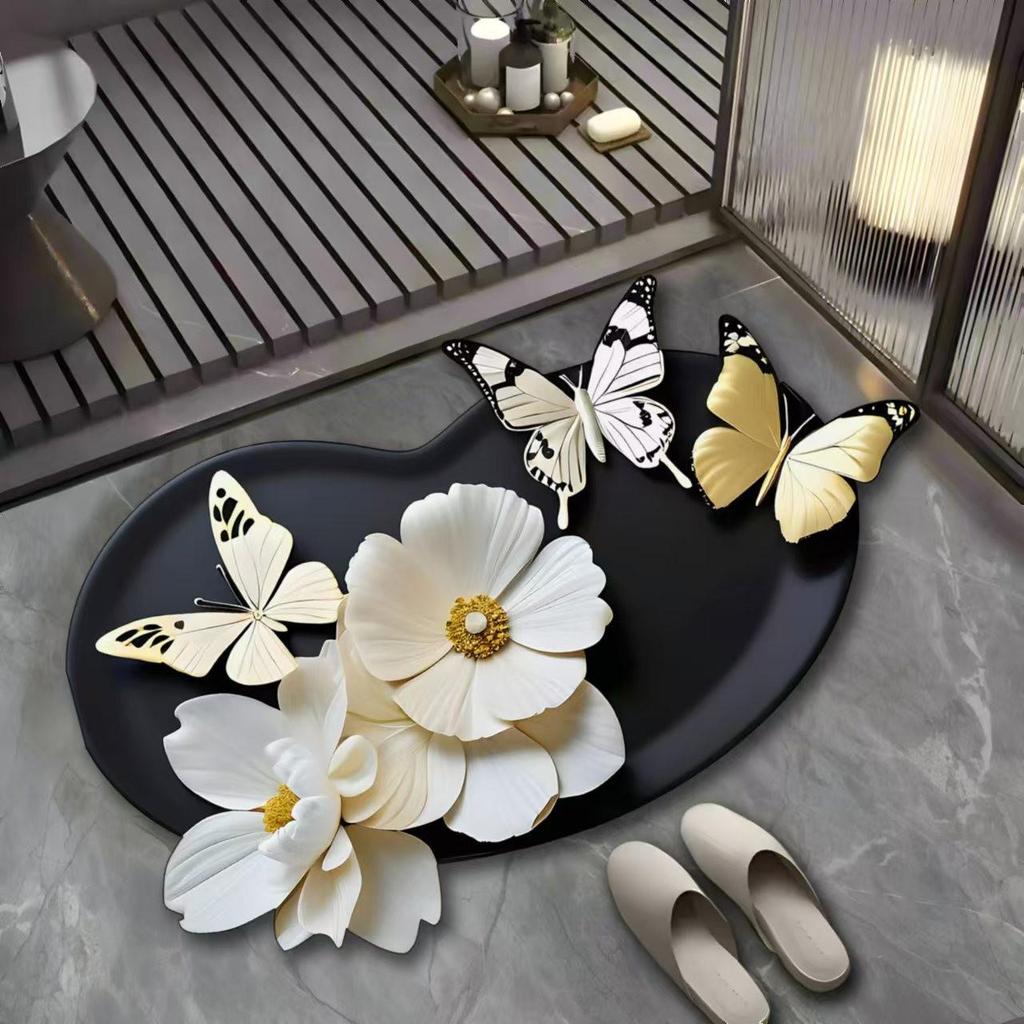 French Luxury Floral Butterfly Diatom Mud Bath Mat - Water-Absorbing, Quick-Dry, Irregular Shape.