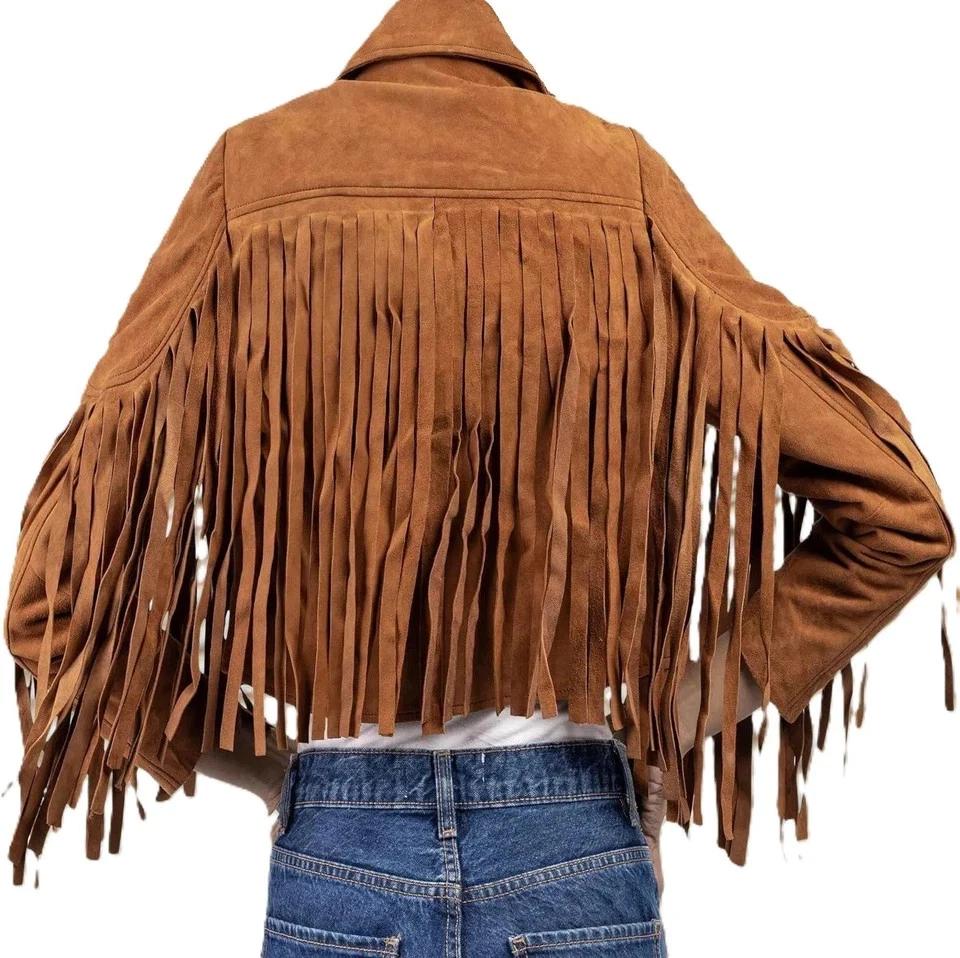 Handmade Suede Leather Fringe Women's 100% Brown Cropped Lambskin Jacket Stylish