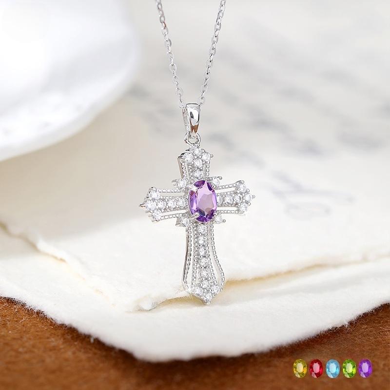 S925 Pure Silver All Diamond Cross Necklace for Women, Silver Inlaid with Natural Color Treasure, Fashionable and Versatile Gift