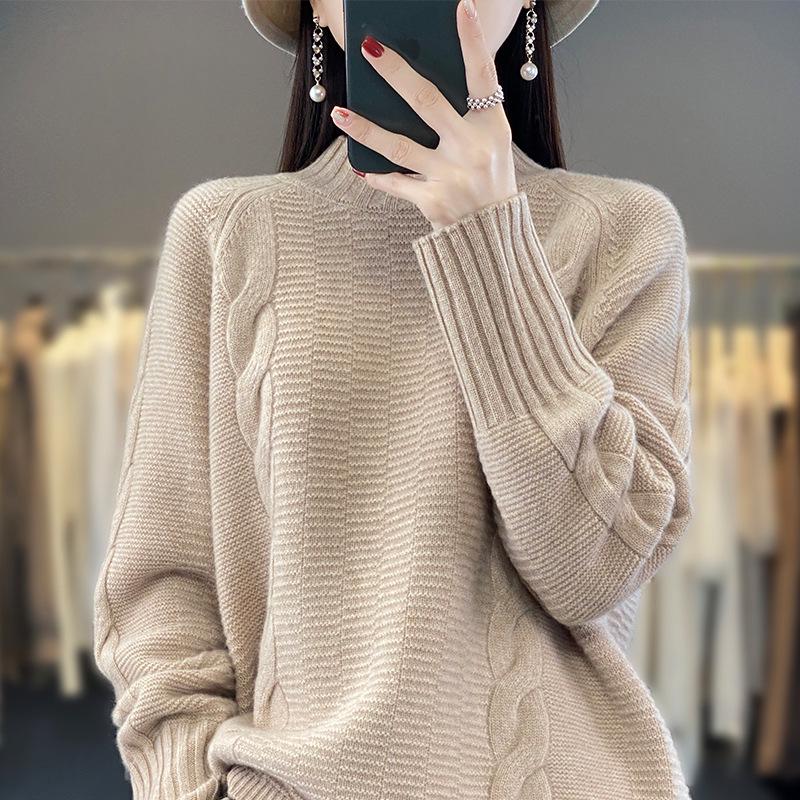 Women's 100% Wool Long Sleeve Half-High Neck Pullover Sweater