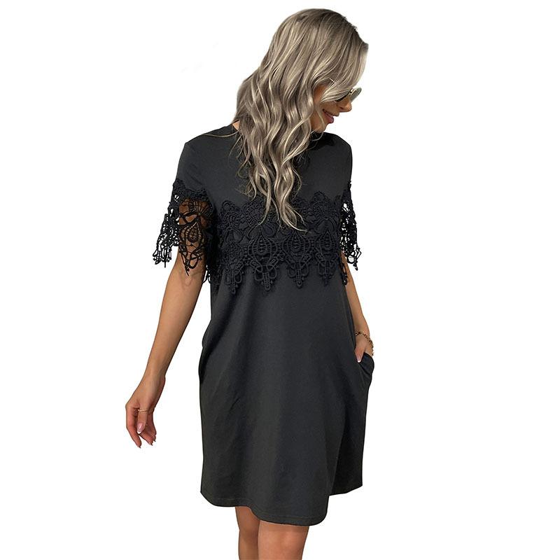 New summer short-sleeved t-shirt skirt loose lace splicing black dress