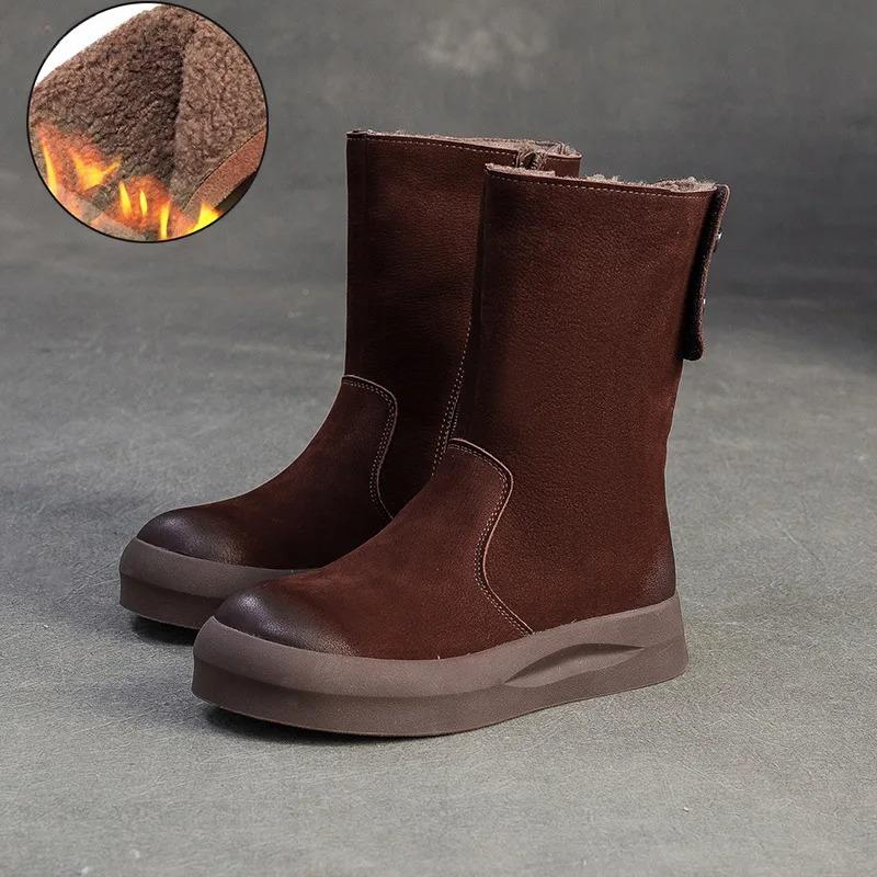 

Johnature Mid-calf Boots Plush Warm Genuine Leather Cotton Boots Retro Versatile Women s Shoes 40 коричневий