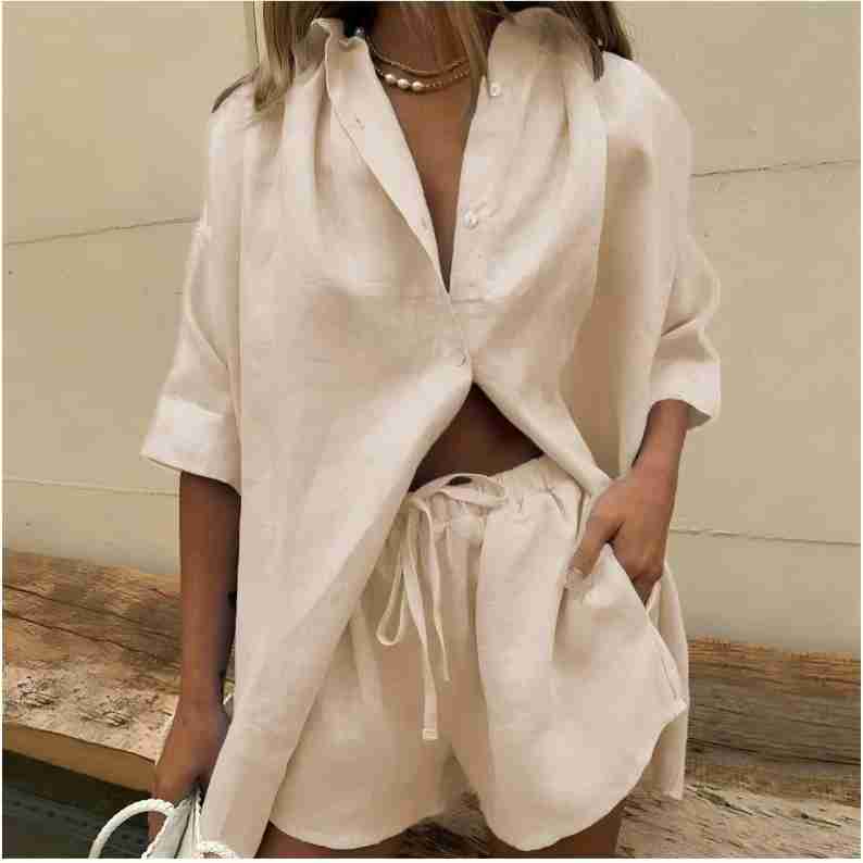 Baumwolle Freizeitanzüge Damen Langarm Sets Hauskleidung Einfarbige Oberteile Damen Shorts Zweiteilige Sets Frühling Sommer