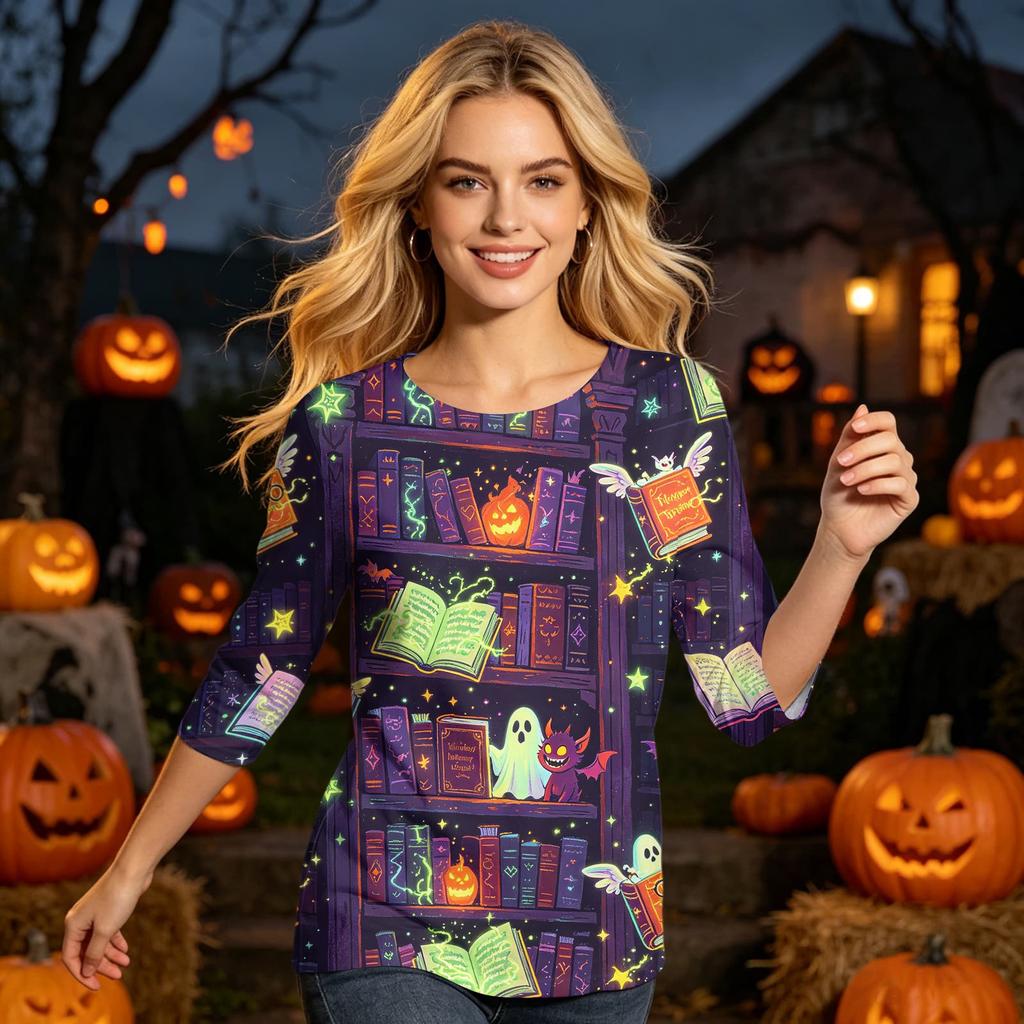 Women's Casual 3/4 Sleeve Halloween Printed Round Neck Top Lightweight Comfortable Fit Soft Fabric Pullover Shirt for Seasonal Wear