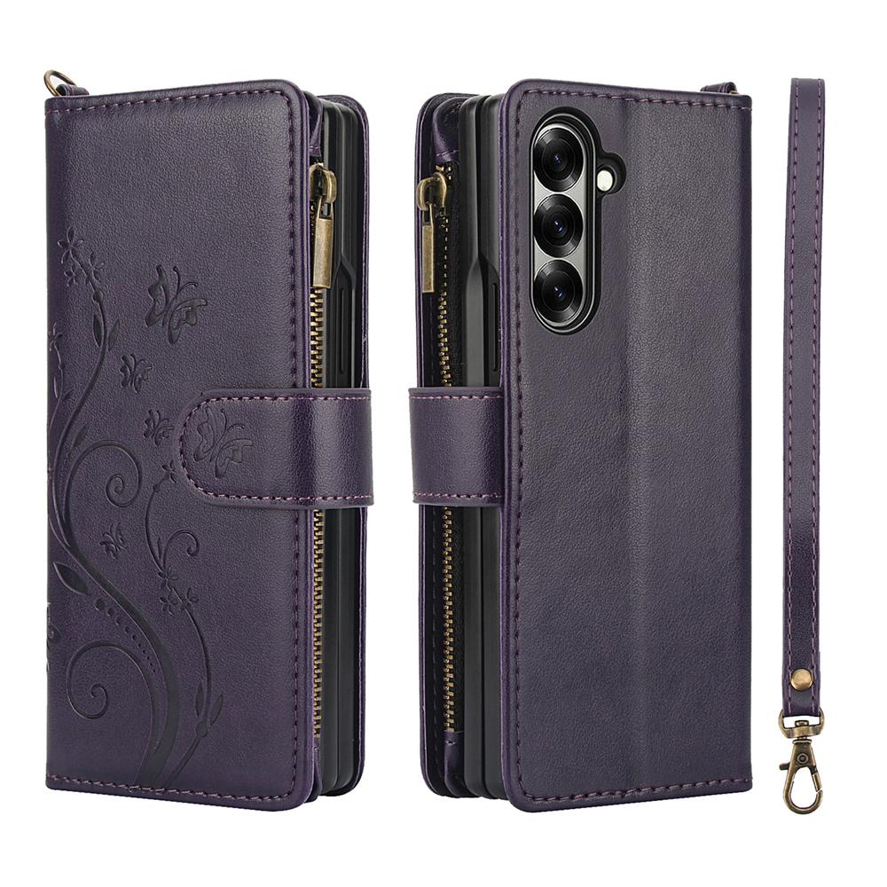 Wrist Strap Leather Zipper Wallet Card Slot Phone Case for Samsung Galaxy Z Fold 7 6 5 4 3 Fold6 Fold5 Fold4 Flip Stand Cover