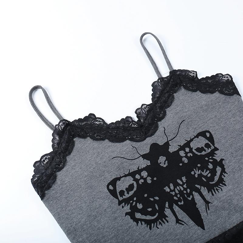GMXIA Spice Lace Patchwork Halfter Dark Wind Persönlichkeit Moth Print Abnehmen Temperament Top Lady