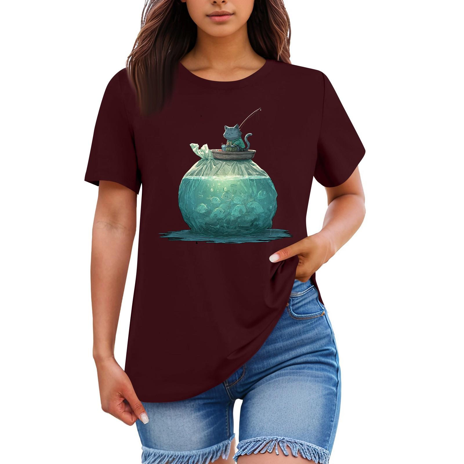 

Ladies Loose Comfortable Casual Fashionable Animal Print Round Neck Short Sleeved Shirt L винний