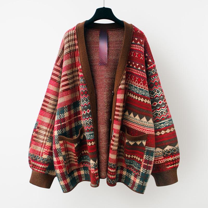 Dimanaf 2025 Winter Plus Size Print Autumn Women Buttons Sweaters Jacket Knitting Casual Style Loose Cardigan Sweater