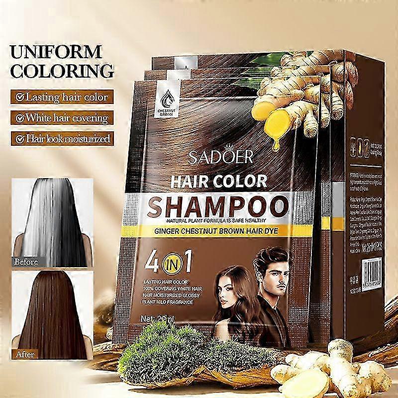 Shampoo Colorante per Capelli Grigi - Shampoo Colorante Naturale Zenzero Castano Chiaro per Colore a Lunga Durata in Minuti, 25ml x 10pz, Formato da Viaggio