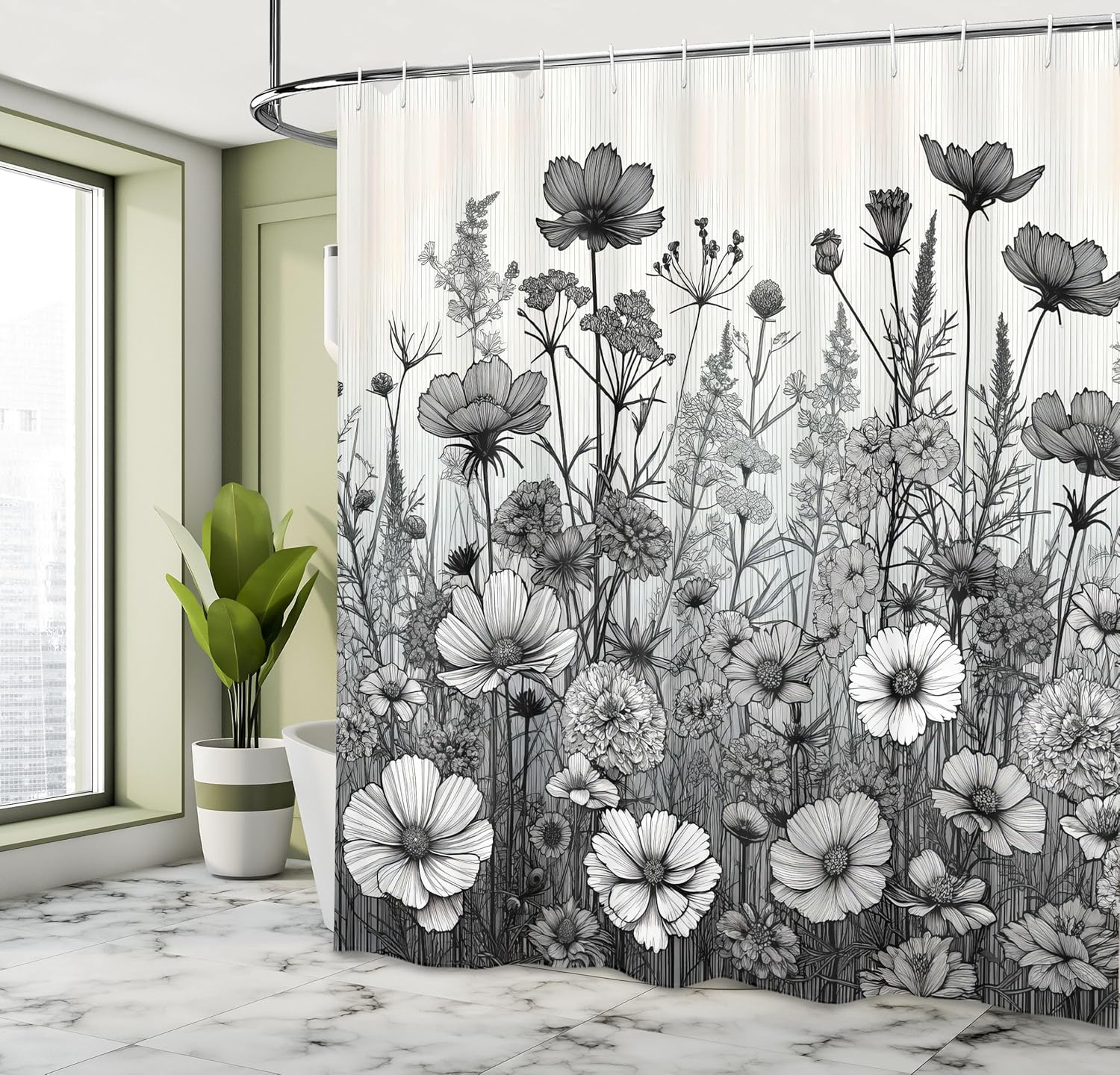 Black and White Shower Curtain, Vintage Style Meadow Prairie Scene with Wild Flowers Print, Cloth Fabric Bathroom Deco 90x180cm