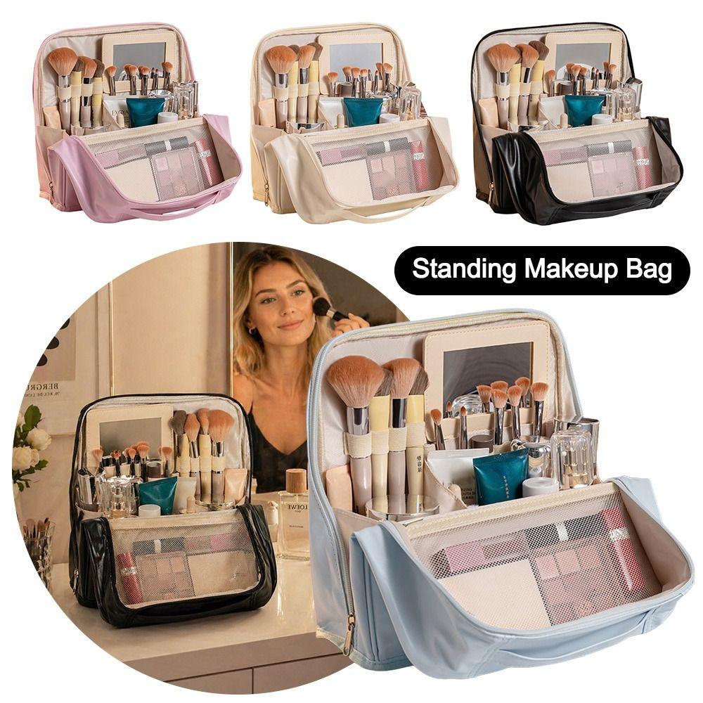 Bolsa de Maquillaje Portátil de Cuero PU con Soporte Gran Capacidad Impermeable con Compartimentos Estuche para Bolígrafos de Estudiante para Viajes