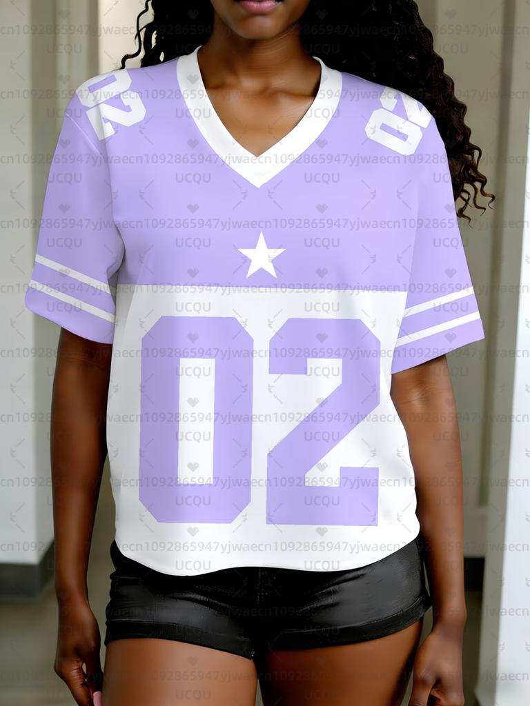 Women's NO.02 Print V-Neck Short Sleeve Casual T-Shirt Summer Graphic Tee Jerseys Plus Size Sport T-Shirt