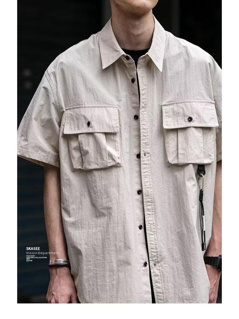 Men's Japanese Style Solid Color Short-Sleeve Workwear Shirt with Large Pocket