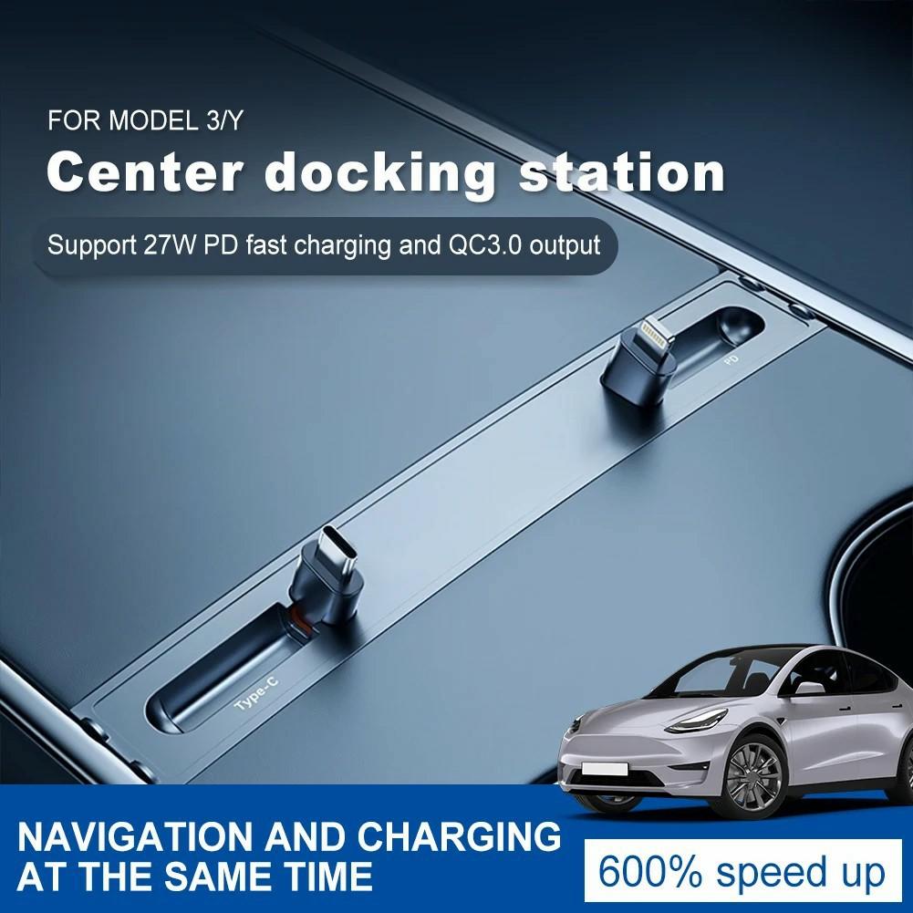 

PT-TSL-5 For Tesla Model 3/Y Center Console Extension Hub Retractable Splitter Car Charger 27W Fast Charging