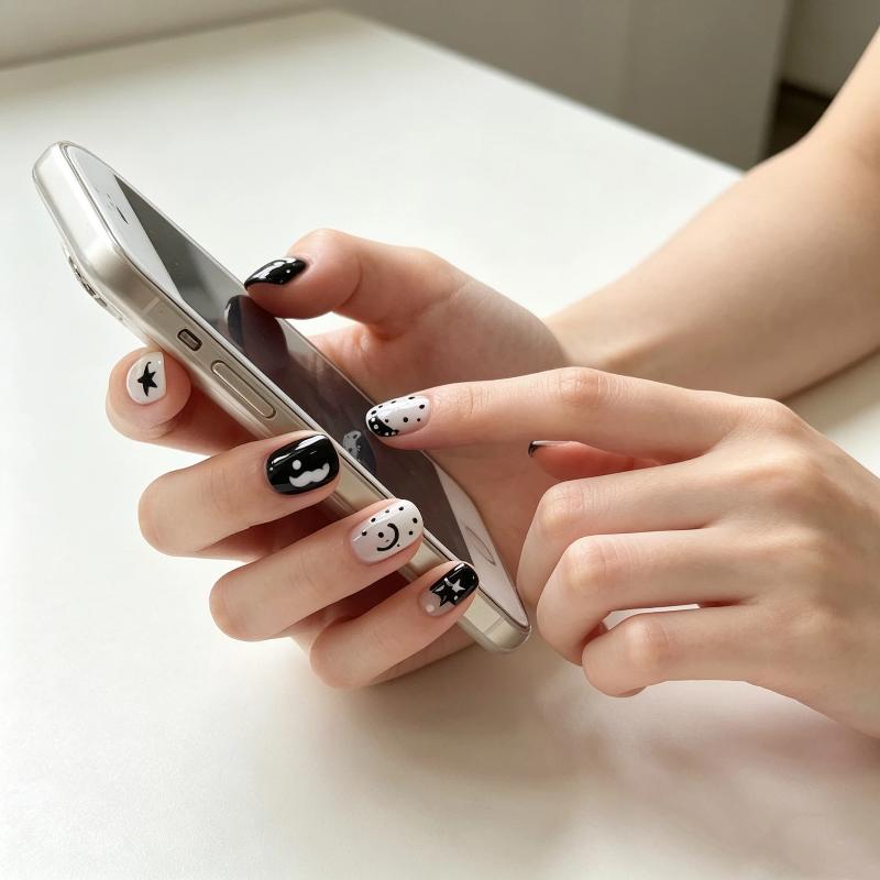 10/30Pcs Short Square Nail Tips Wearable Nail Art Black And White Contrasting Colors With Mustaches Hearts Decor For Women
