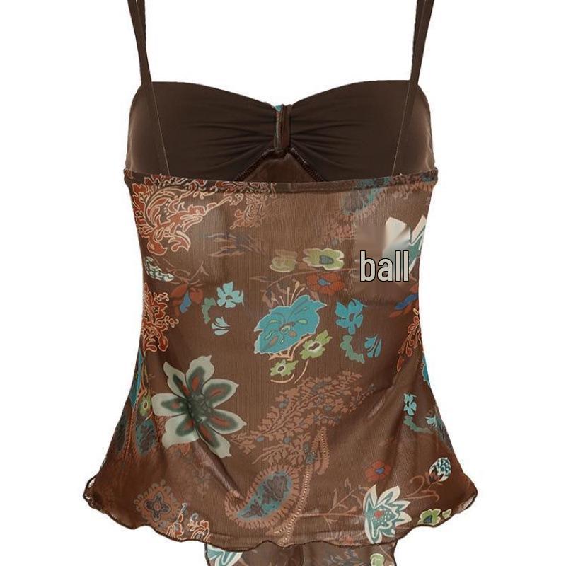 300 Jin Plus Size Women's Vintage Print Tie Camisole Vest Mesh Slim-Fit Top