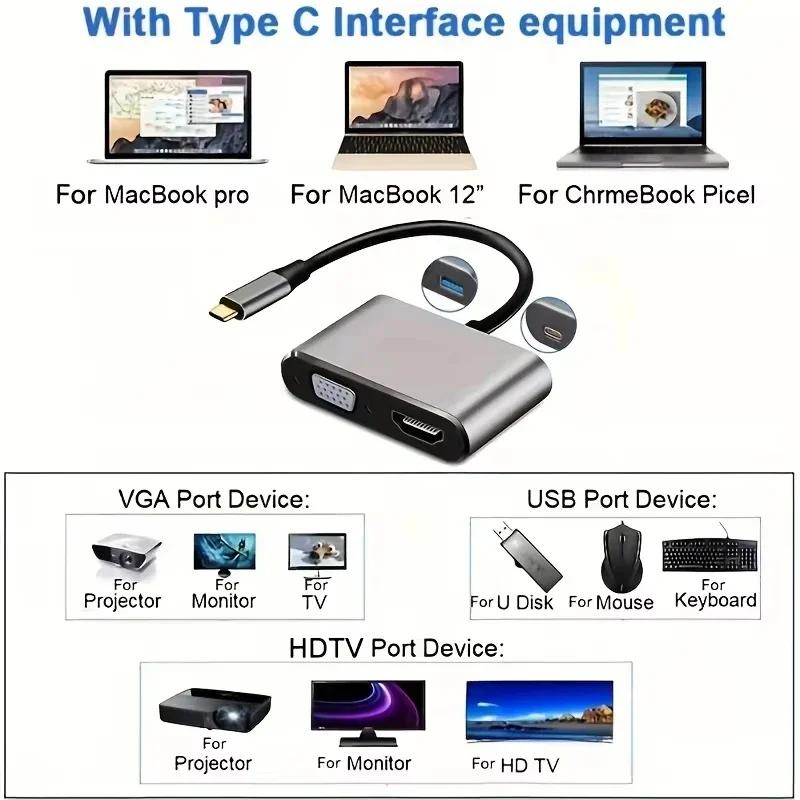 4 In 1 USB C Hub Multiport Adapter Docking Station Type C To 4K HDTV VGA 100W PD Fast Charge Splitter for MacBook Pro/Air Laptop