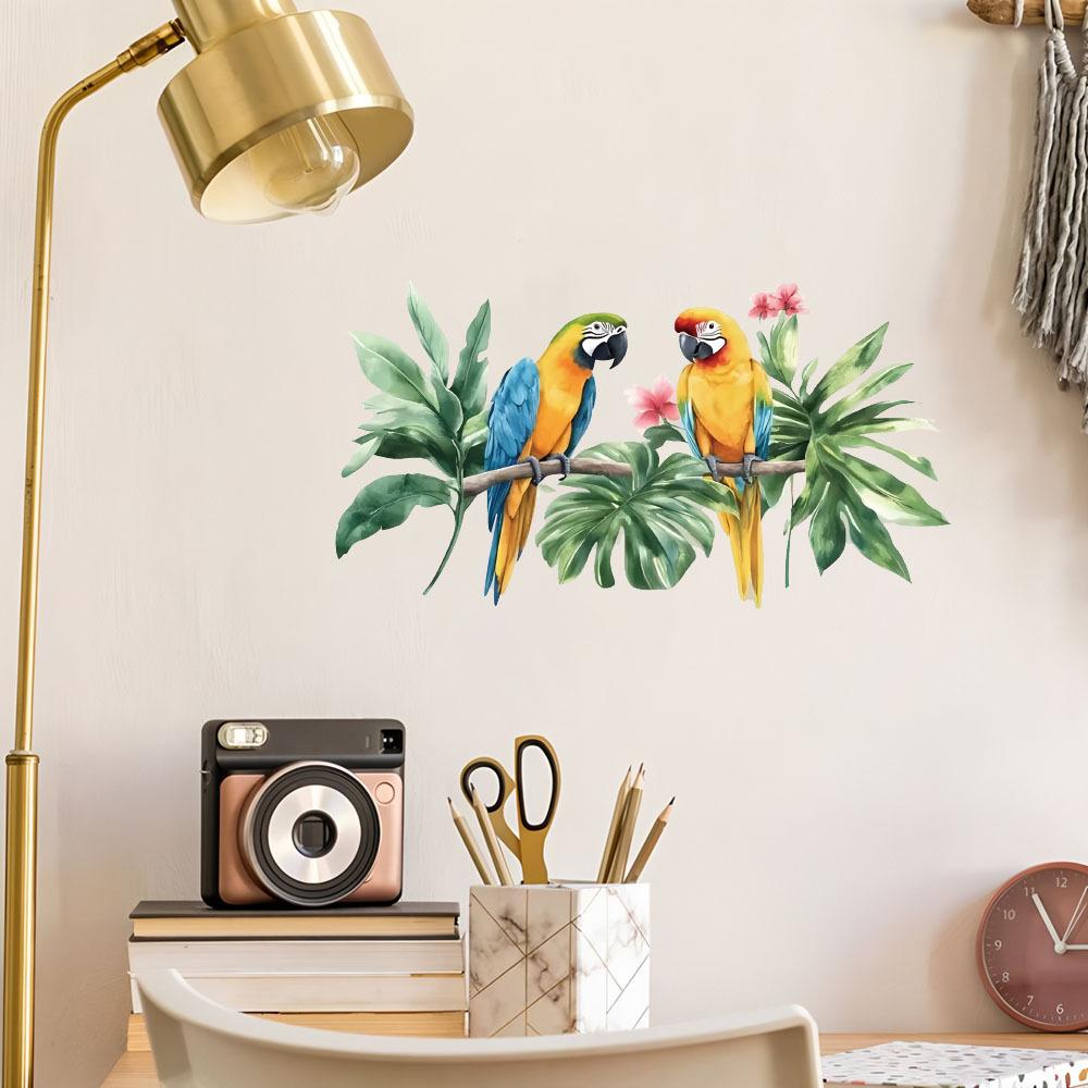 Self-adhesive Watercolor Parrot Branches Leaves Wall Stickers for Living Room Bedroom Entryway Home Decor