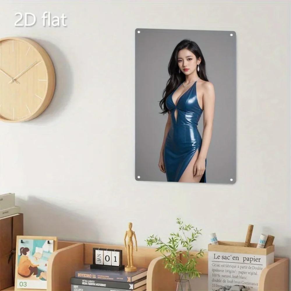 Hisun Tin Sign HD Metal Tin Sign Stunning Asian Beauty in Blue Halter Neck Leather Maxi Dress Vintage Poster Luxury Party Style Wall Art Deco
