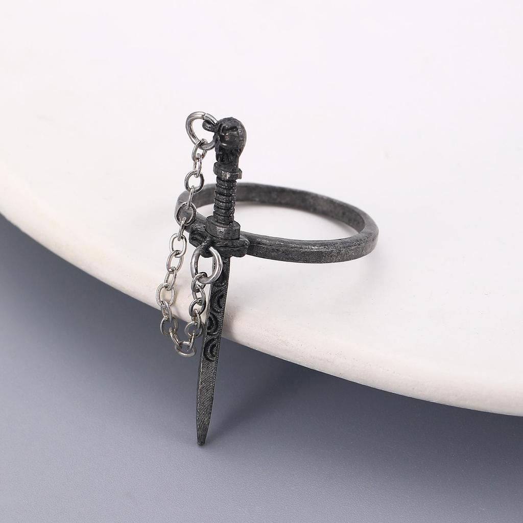 Gothic Cross Sword Ring for Women - European & American INS Style with Chain Tassel & Skull Design