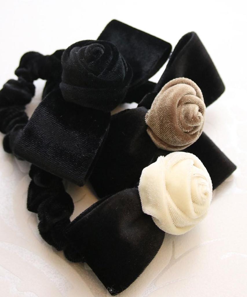 VINGTAINE Rose Scrunchie Hair Tie with Ribbon and Flower Design for Cute and Elegant Hair Velvet, Updos, Accessory, Gift, H7744-BK