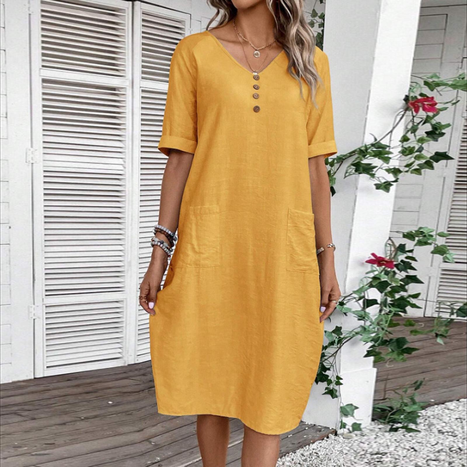 

Women s V-Neck Loose Comfortable Short Sleeve Cotton Linen Dress XL жовтий