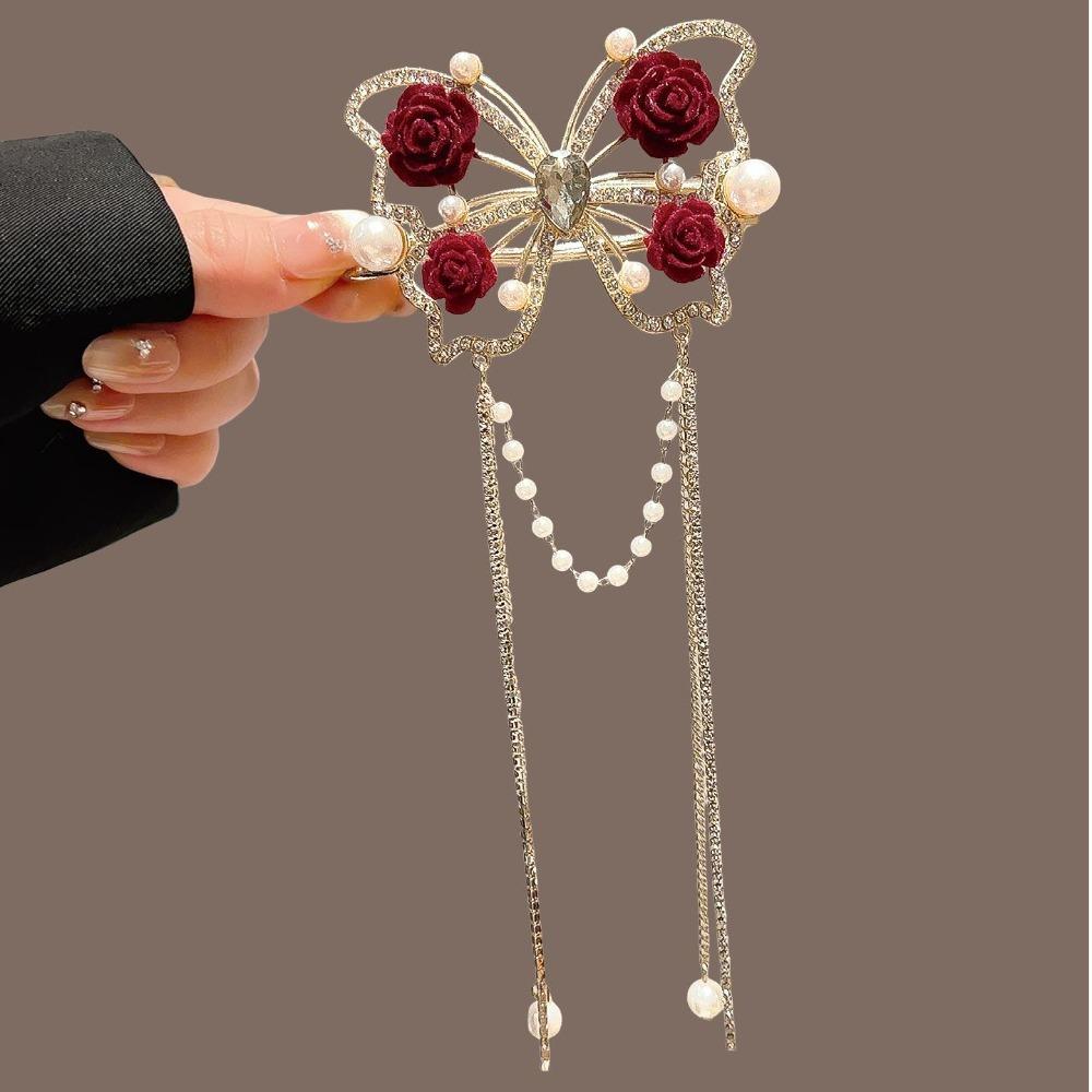 Elegant Butterfly Tassel Hair Stick with Rhinestone Pearl Detail Flower/Velvet Rose Design Retro Chinese Style Women's Accessory