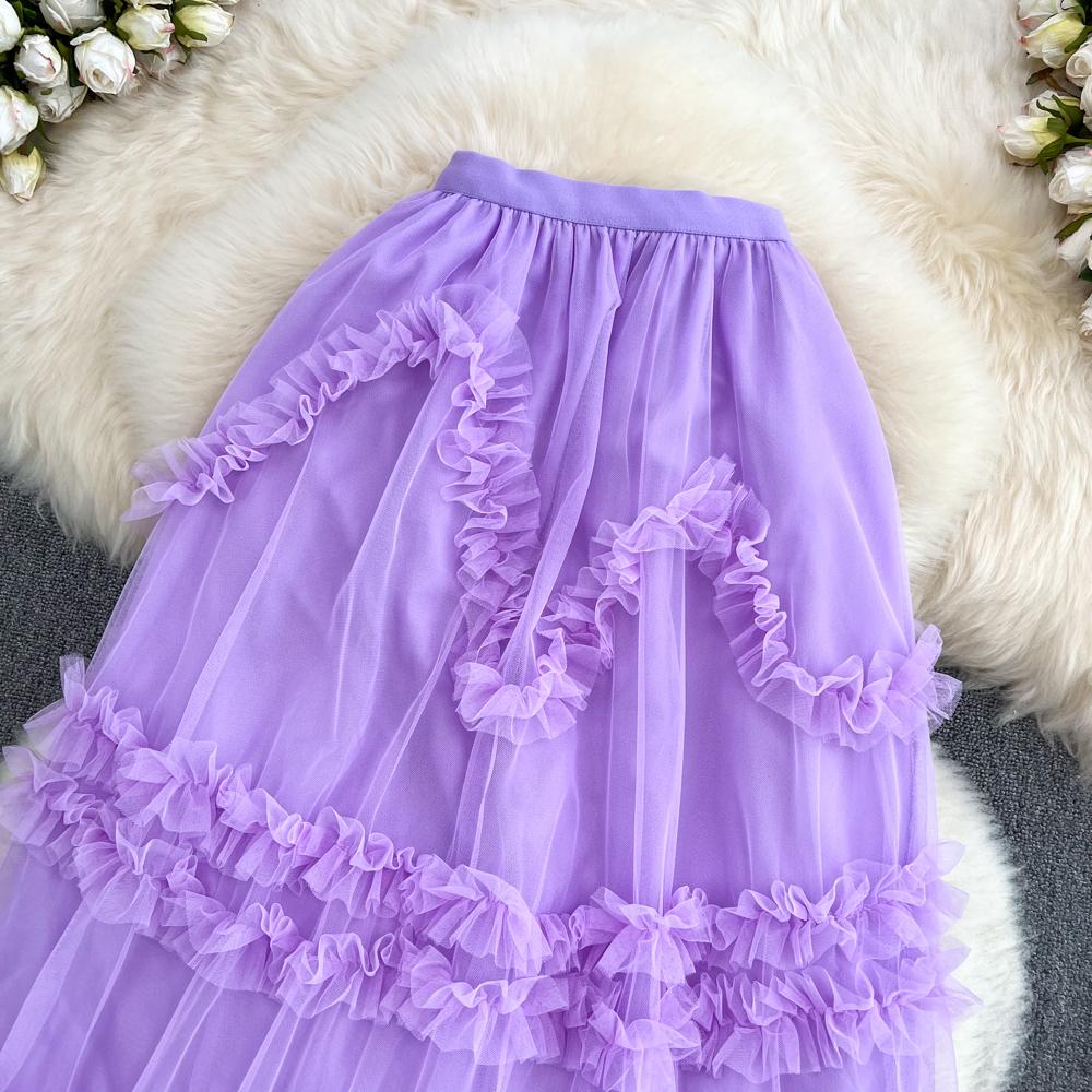 Elastic Waist Fairy Mesh Cake Skirt A-Line Skirt Summer Korean Version High Waist Slim All-Match Midi Skirt