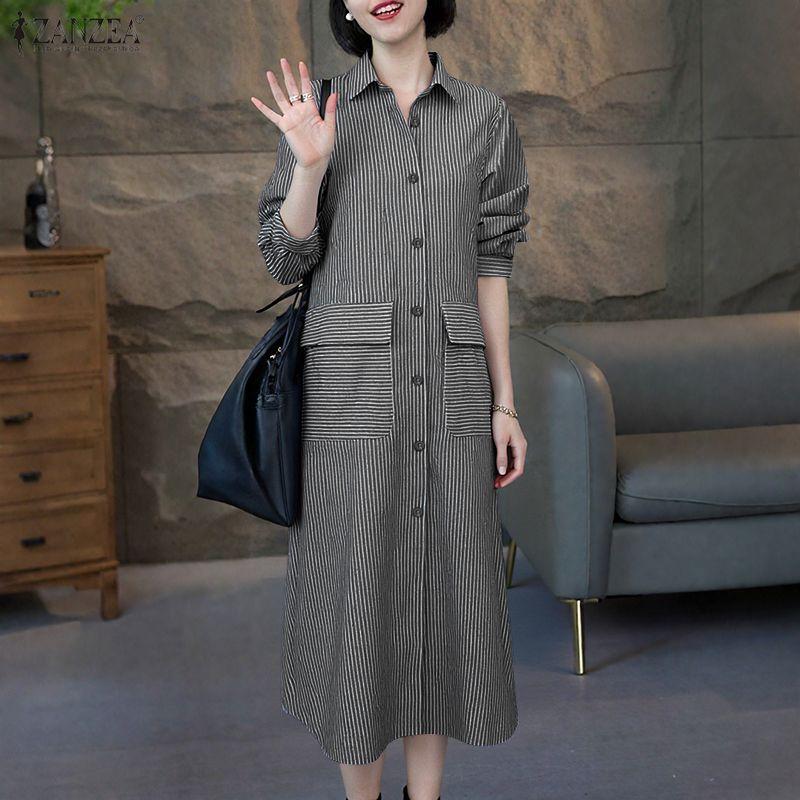 ZANZEA Women Casual Turn Down Collar Loose Long Sleeve Stripe Dress