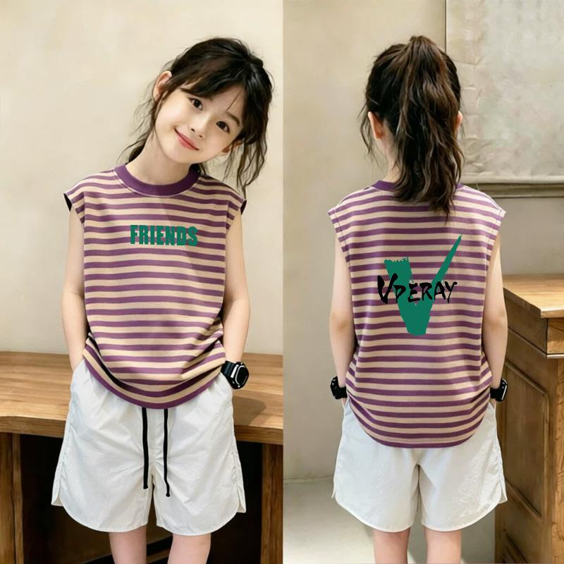Girls' Trendy Summer Striped Vest Set - Loose Sleeveless Top and Shorts for Medium and Large Children