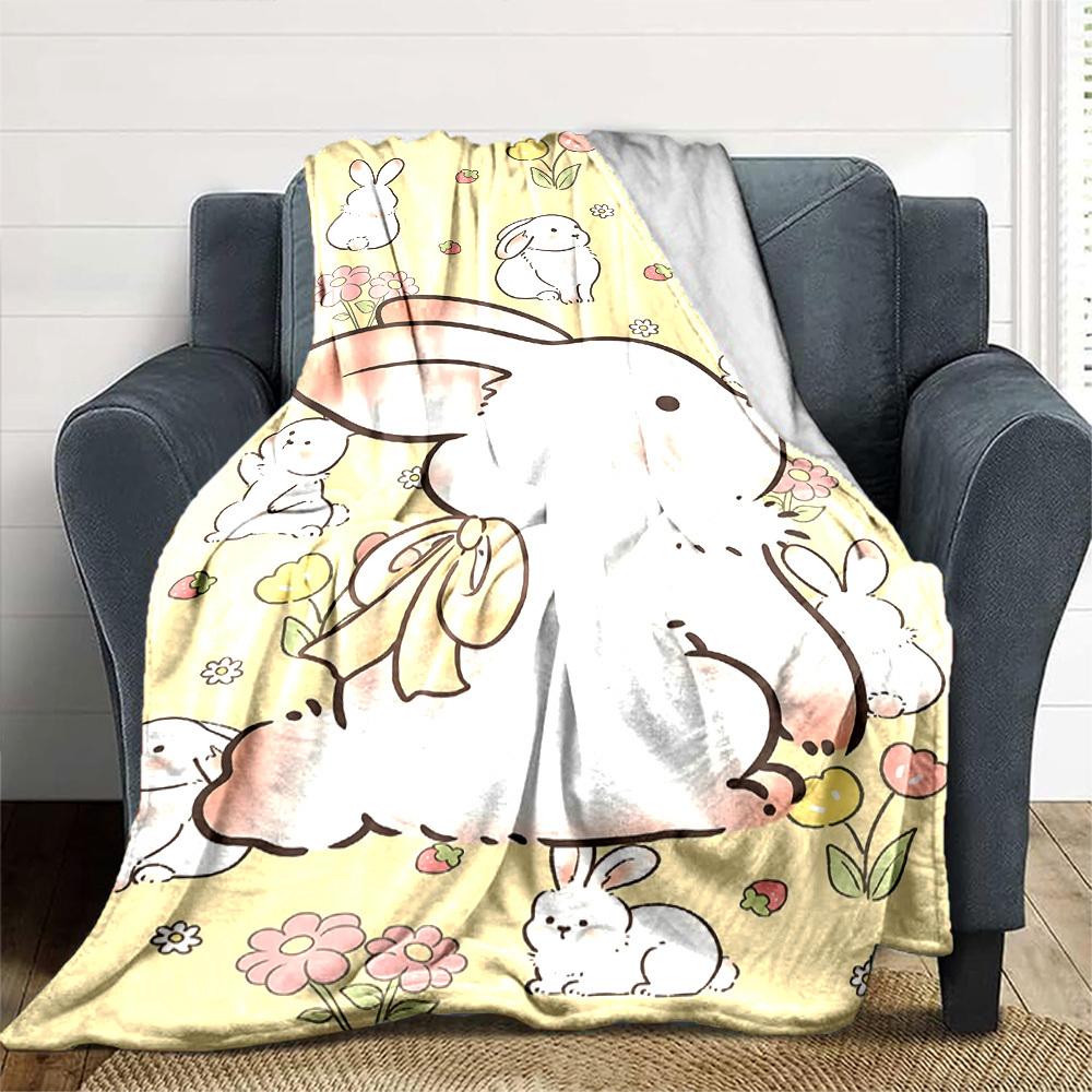 1pc Rabbit Flowers Blanket Lightweight Flannel Throw for Sofa Bed Travel Camping Livingroom Office Couch Chair