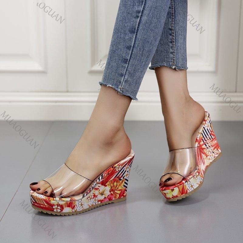 Fashion Printing Wedges High Heels Slippers for Women Gladiator Sexy PVC Transparent Peep Toe Ladies Slides Summer Retro Platform Sandal