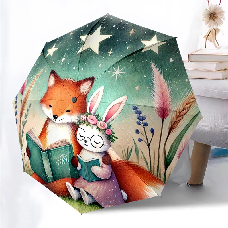 Animals Reading Themed Folding Umbrella Fashion Auto-Open 8 Iron Ribs Plastic Handle Foldable Sunshade Perfect Christmas Gifts