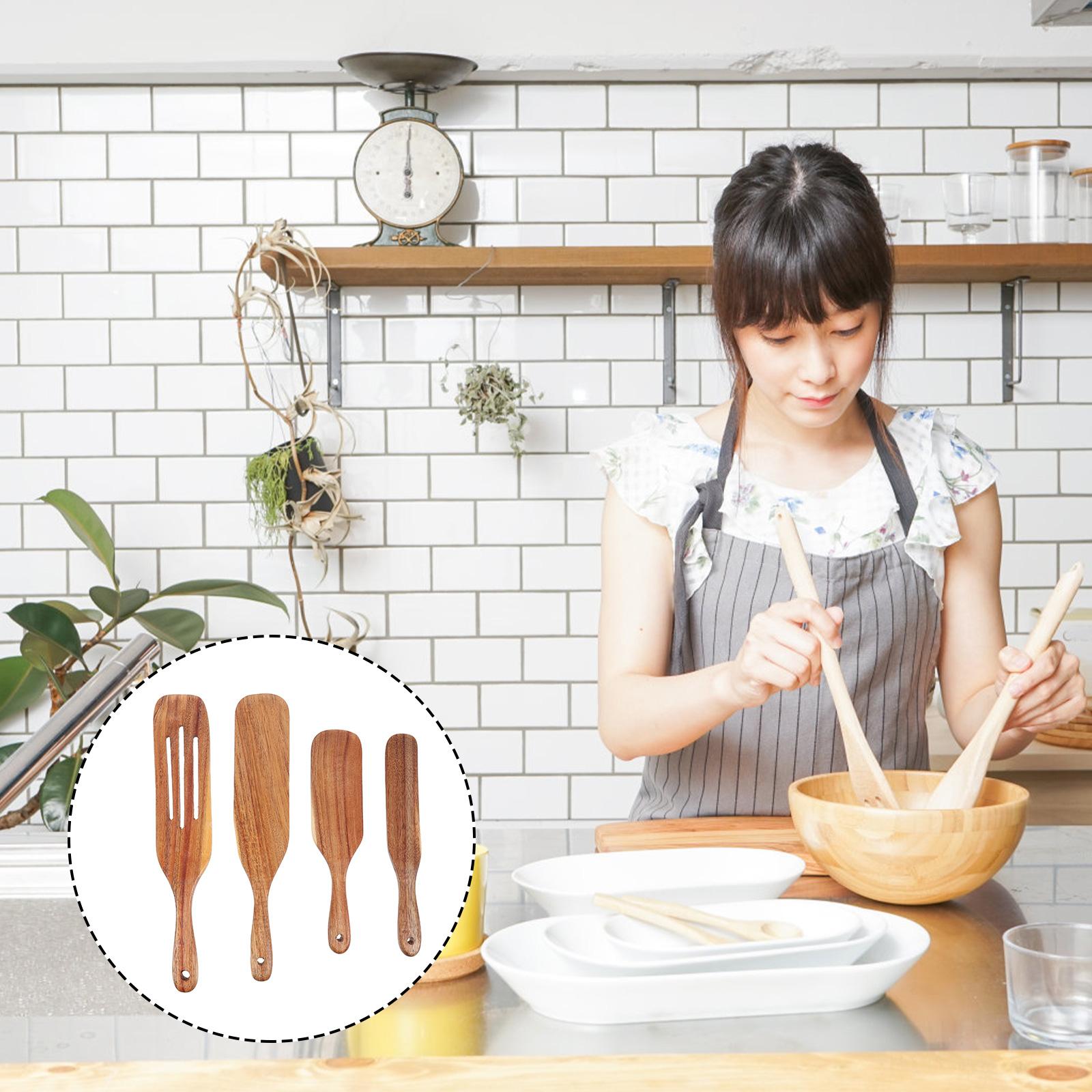 Teak Kitchen Set Cooking Pans Nonstick Wooden Spatula Utensils Slotted Turner Cookware