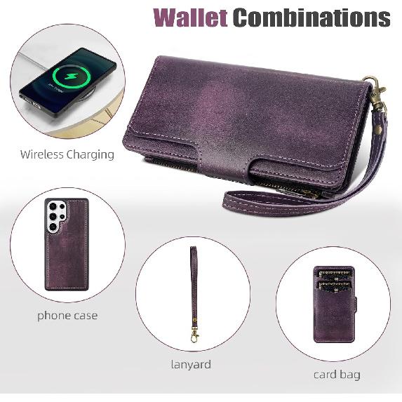 JGY Wallet Case for Samsung Galaxy S25 Ultra PU Leather Detachable Magnetic Wallet Case with Removable Minimalist Front Pocket 5 Card Holder Hand