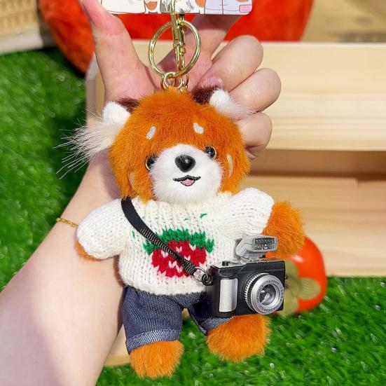 Cartoon Red Panda Plush Keychain Stuffed Red Panda Wearing Sweater Bag Charm with Mini Camera for Backpack Handbag Car Key Accessories