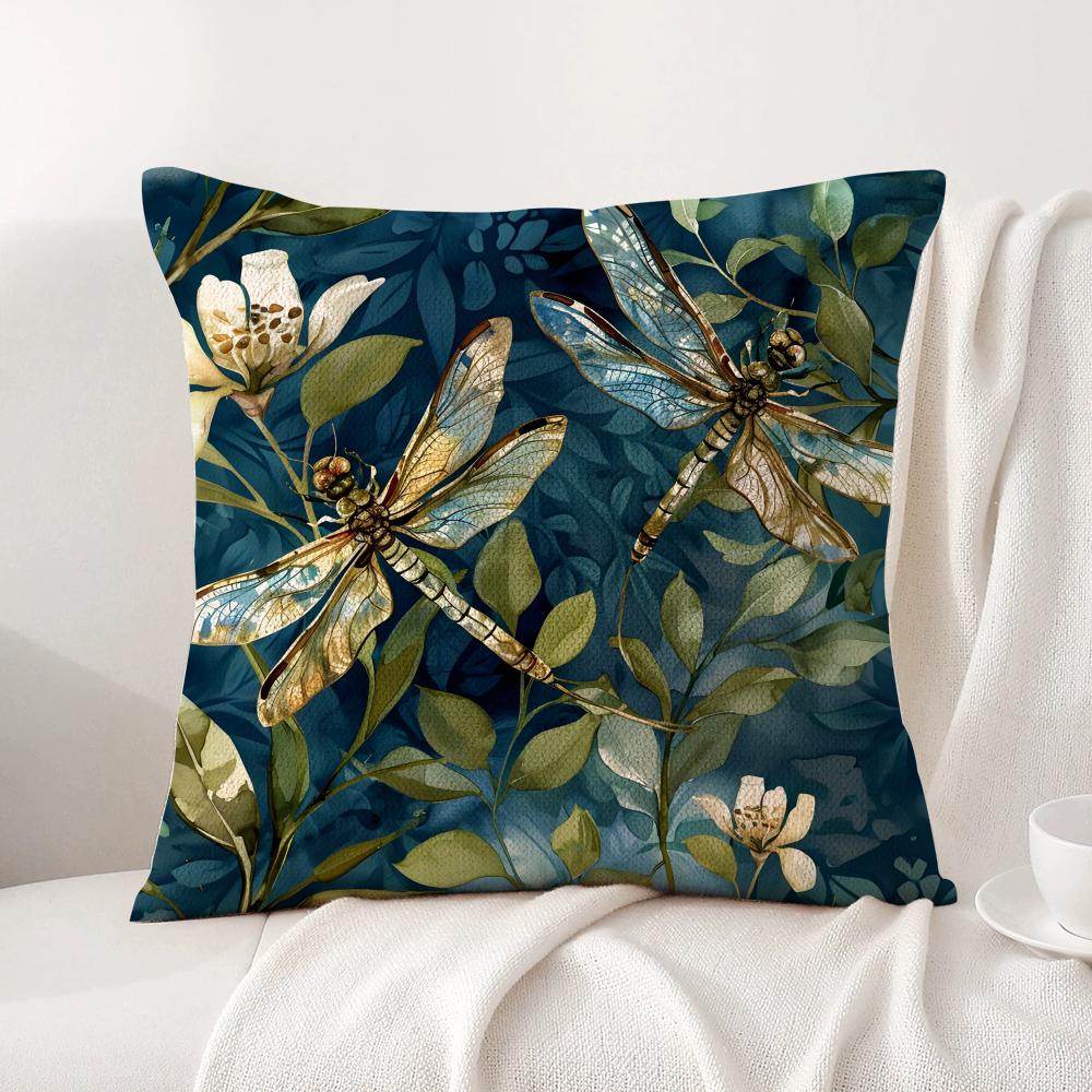 Retro Dragonfly Lotus Cushion Cover Natural Linen Organic Fabric DoubleSided Printing Sofa Home Decor Gift Pillow Cover