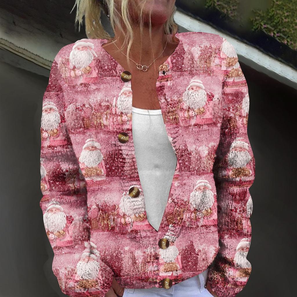 Women's Fashion Christmas Printed Long Sleeve Knitted Cardigan Button Down Jacket