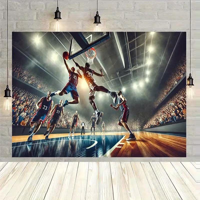 Энергичный баскетбольный гобелен, динамичная сцена слэм-данка под яркими прожекторами стадиона, смелое спортивное настенное искусство. 47.2x31.5inch/120*80cm