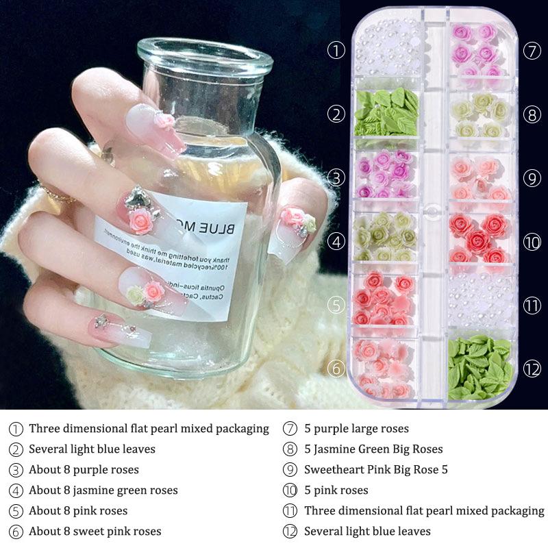 1Box 12 Grid Diy Nail Art Decor 3D Roses Garden Nail Drill Mixed Flowers Leaf Pearl Manicure Diamond Manicure Design Accessories